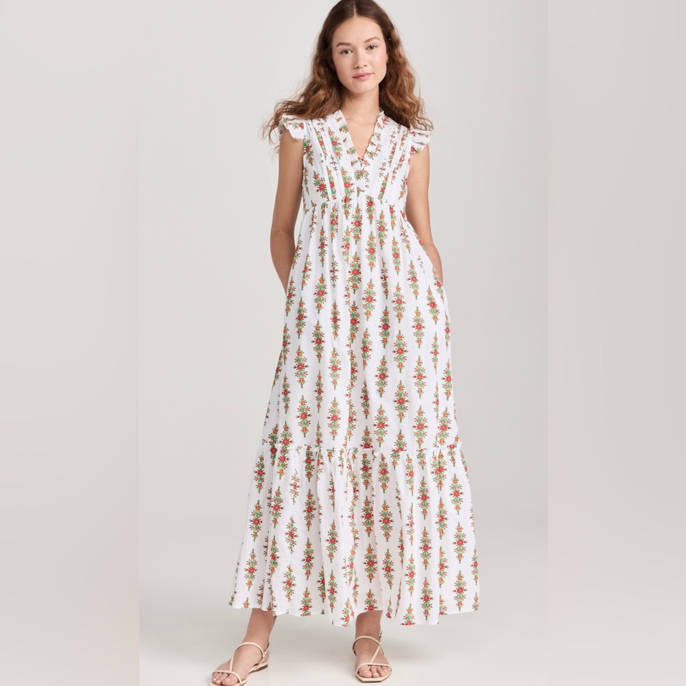 NWT NEW Banjanan Constance Red Floral Sun Dress Size Small S V Neck Pleated Maxi